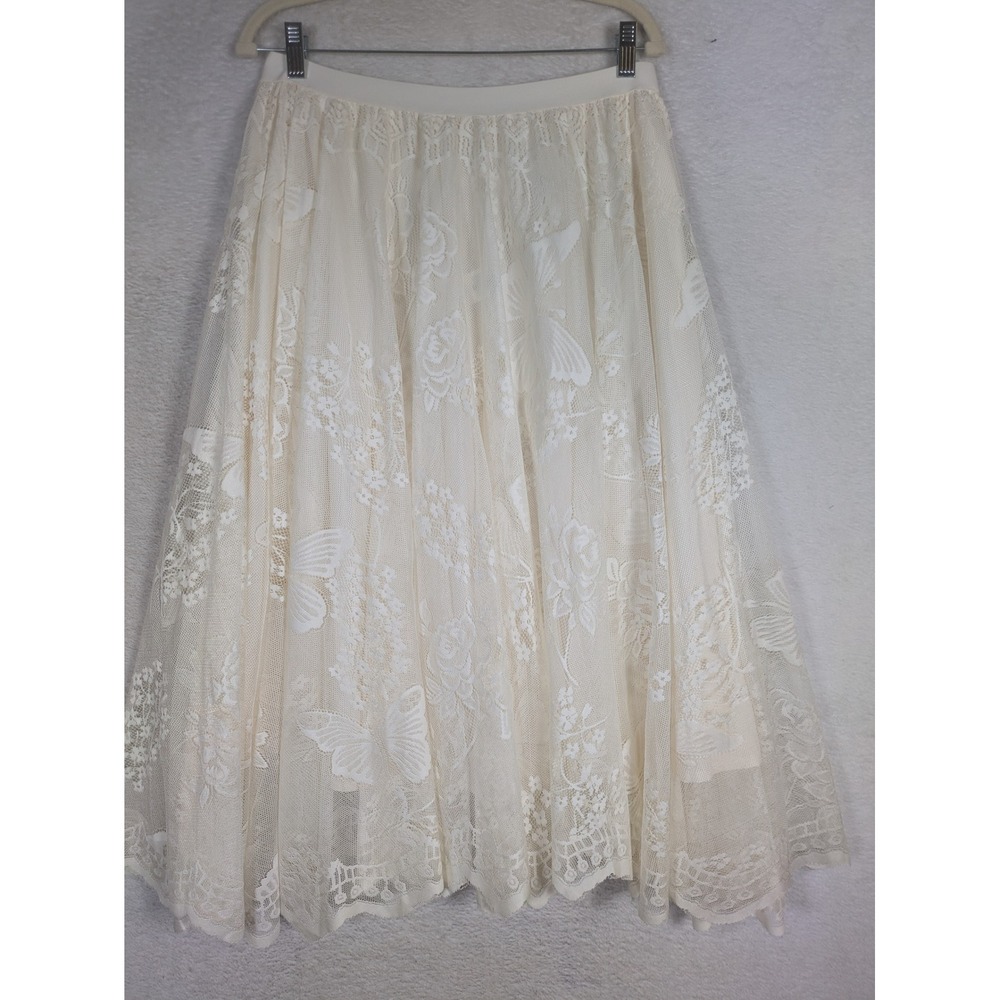 SHEIN Skirt Women's L Cream Butterfly Lace Mesh Overlay A-Line Midi Romantic